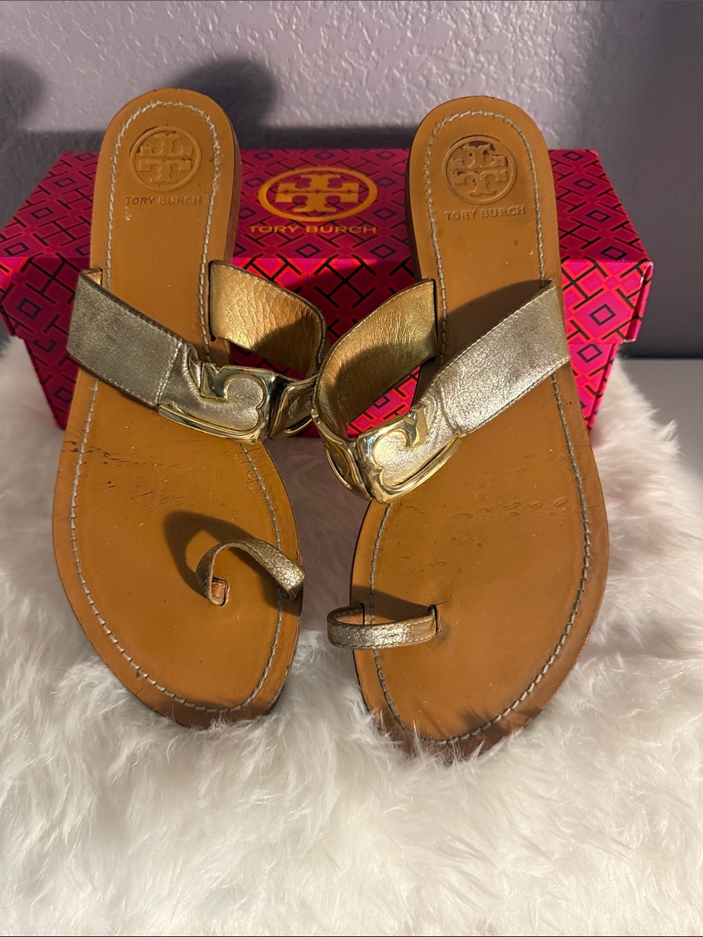 Tory Burch Gold Metallic Leather Toe-Loop Sandals with Logo Accent